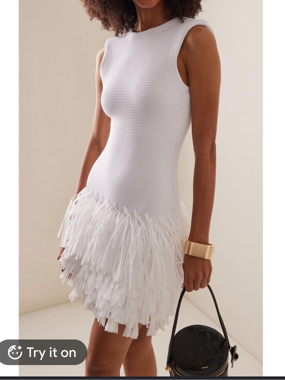 Aje White Ribbed Fringe Hem Formal Dress
